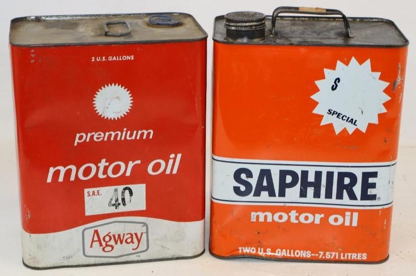 Group of 2 Agway, and Gulf Sapphire Two Gallon Metal Oil Cans: Empty. 5.5" x 8.5" x 11" each