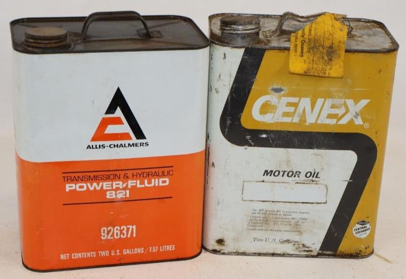 Group of 2 Alice-Chalmers, and Cenex Two Gallon Metal Oil Cans: Empty. 5.5" x 8.5" x 11" each