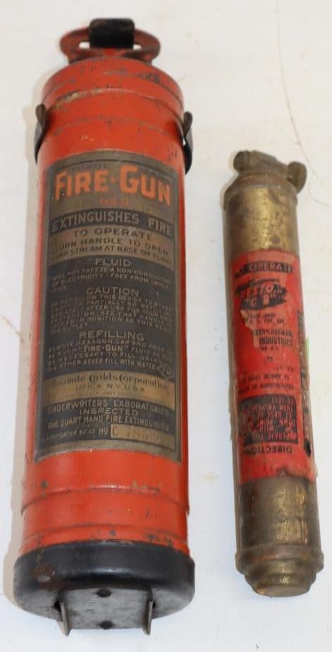 Group of 2 Presto and Fire-Gun Brass Fire Extinguishers: Largest is 3x3x13