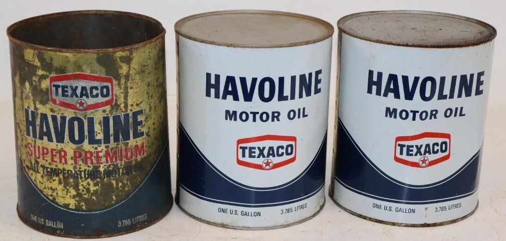 Group of 3 Texaco Havoline Metal One Gallon Oil Cans: One is missing top lid. Empty. 5.5" x 8.5" x 11" each