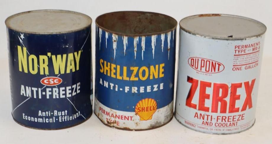 Group of 3 Shell, DuPont, and Nor-Way Anti-Freeze Metal One Gallon Oil Cans: Shell is missing top lid. Empty. 5.5" x 8.5" x 11" each