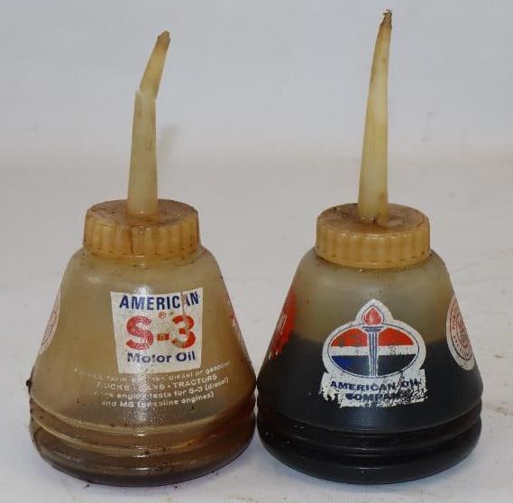 Group of 2 American S-3 Oil Plastic Thumb Oiler Cans: 3.25" x 3.25" x 6.5" each