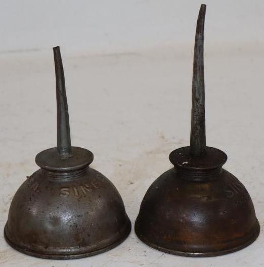 Group of 2 Embossed Singer Sewing Machine Thumb Oiler Cans: 3.5" x 3.5" x 6.5" each