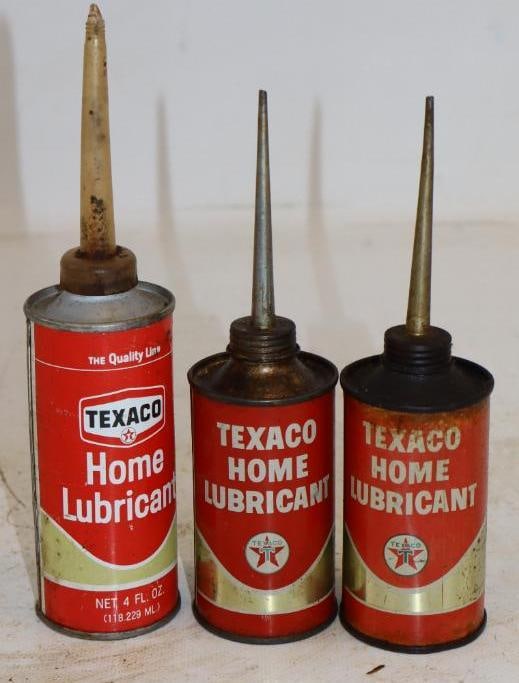 Group of 3 Texaco Round Home Lubricant Handy Oiler Cans: Largest is 4oz