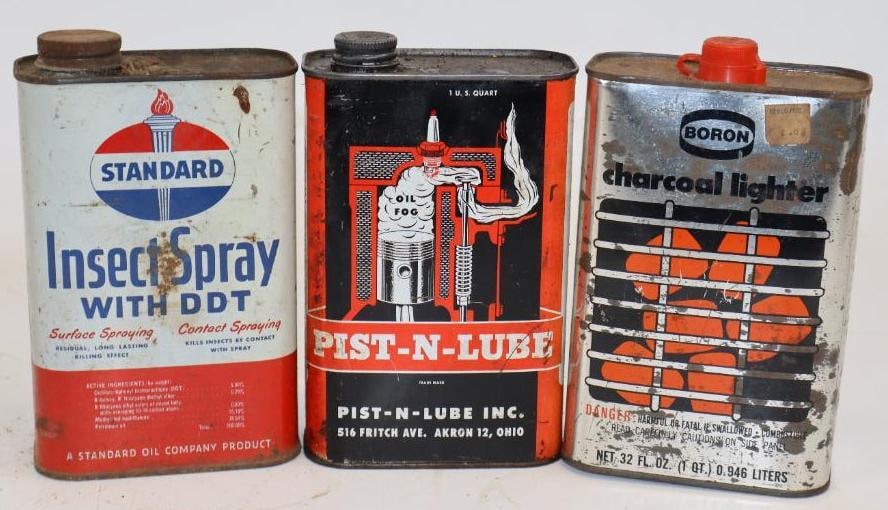 Group of 3 Standard, Boron, and Pist-N-Lube One Quart Metal Oil Cans: Empty. 32oz each