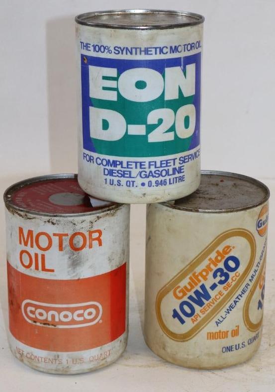 Group of 3 Different Plastic One Quart Oil Cans: Empty. 32oz each