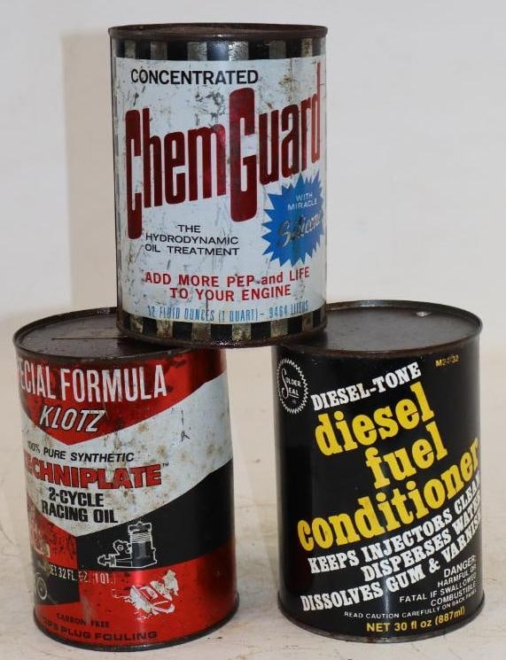 Group of 3 Klotz Racing, Chemguard, and Diesel-Tone Metal One Quart Oil Cans: Empty. 32oz each