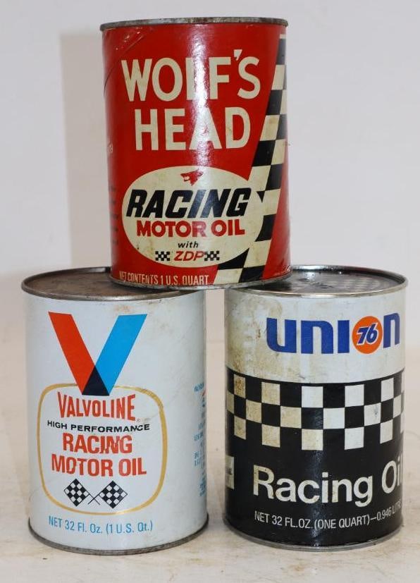 Group of 3 Wolf's Head, Valvoline, and Union 76 Racing Composite One Quart Oil Cans: Empty. 32oz each