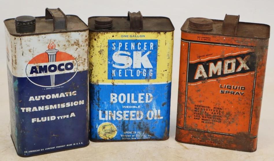 Group of 3 Amoco, Amo, and Spencer Kellog One Gallon Oil Cans: Empty. 7" x 4.25" x 10.5" each