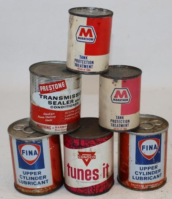 Group of 6 Fina, Conoco and Marathon Oil and Radiator Protection Cans: Largest is 8oz