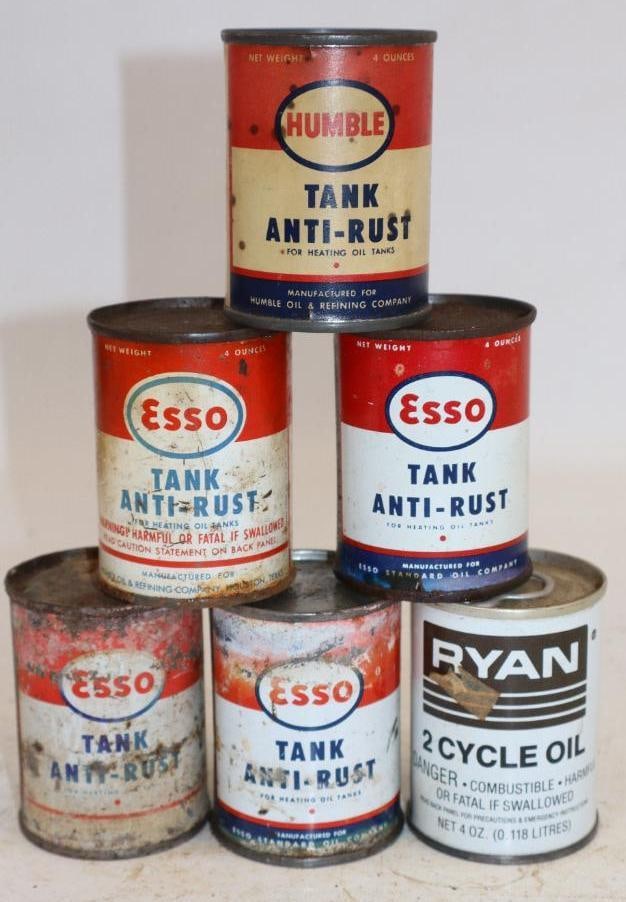 Group of 6 Esso,Humble and Ryan Anti Rust and Outboard Oil Cans: 4oz Each