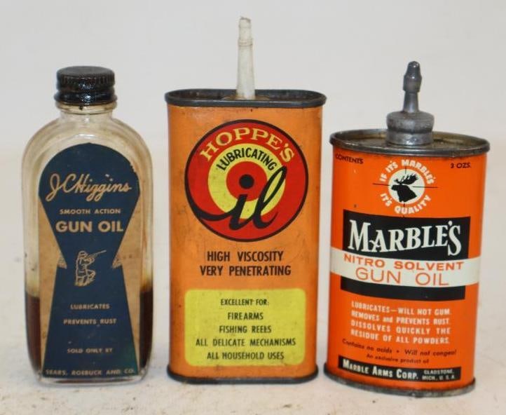 Group of 3 Marble's, Hoppe's and JC Higgins Gun Oiler Cans and Bottle: 3oz Each