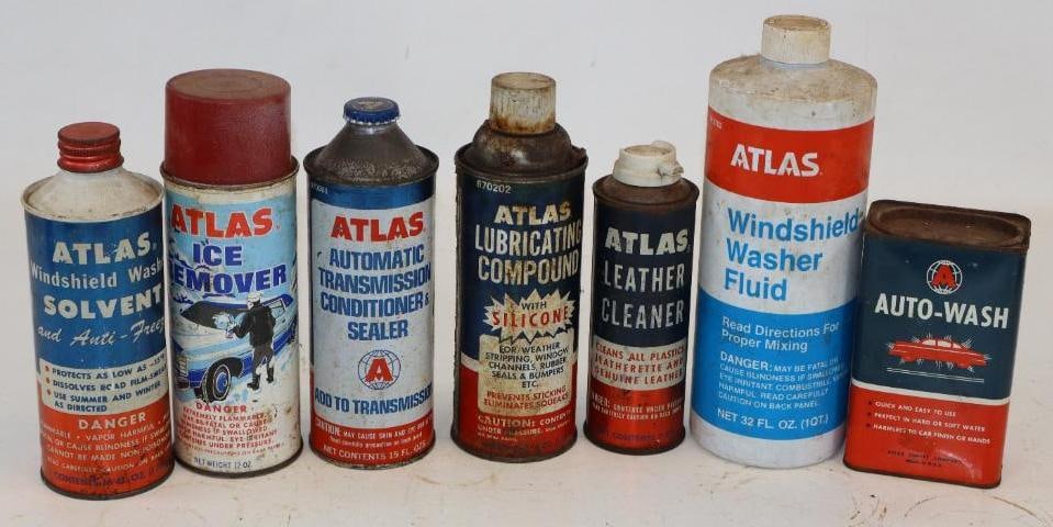 Group of 7 Atlas Car Care Cans And Bottle: Largest is 32oz