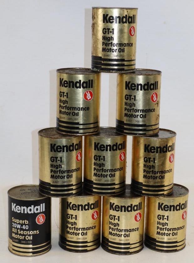 Group of 10 Kendall GT-1 and Superb One Quart Composite Oil Cans: Empty. 32oz each