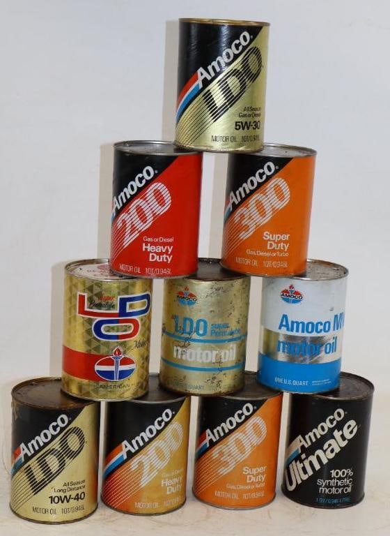Group of 10 Different Amoco One Quart Composite Oil Cans: Empty. 32oz each