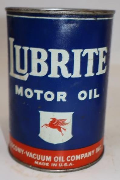 Socony-Vacuum Lubrite Metal One Quart Oil Can: Empty. 4" x 4" x 5.5"
