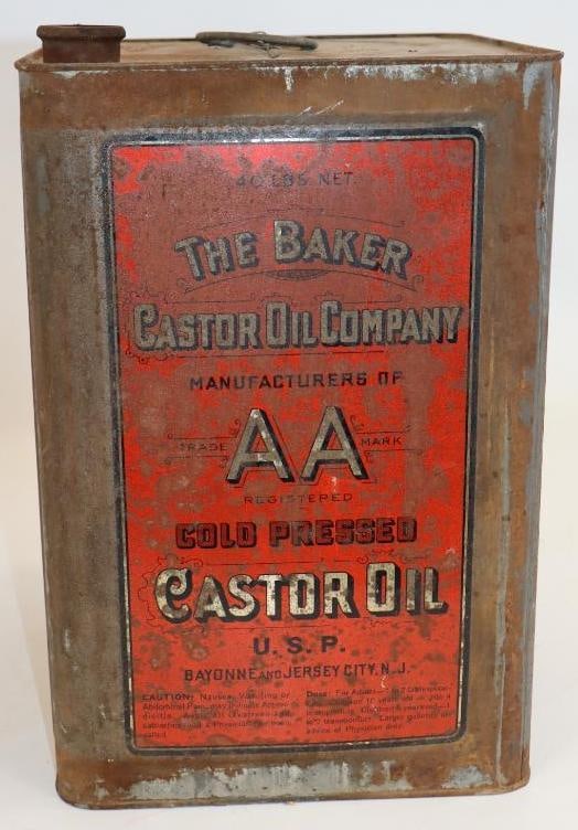 Baker AA Castor Oil Square Five Gallon Oil Can: Missing top cap. 9.25" x 9.25" x 14"
