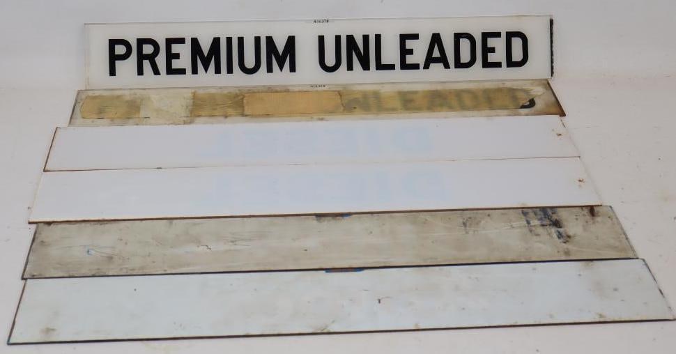 Group of 5 Premium Unleaded, Diesel, and Amoco Plastic Advertising Ad Glass: 24.5" x 3.5" each
