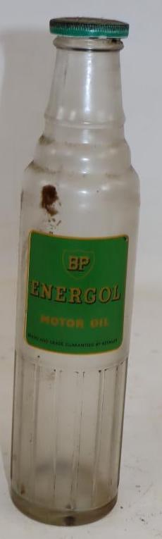 BP Energol Glass Half Liter Oil Bottle with Original Cap: Empty. 16.9oz
