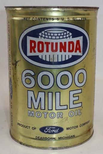 Ford Rotunda 6000 Mile Metal Five Quart Oil Can: Empty. 6.5" x 6.5" x 9.5"