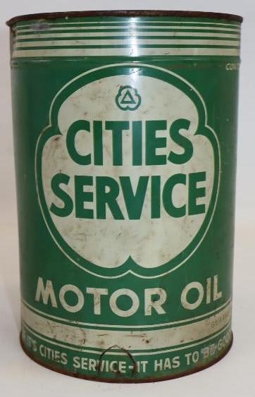 Cities Service Metal Five Quart Oil Can: Missing bottom lid. Empty. 6.5" x 6.5" x 9.5"