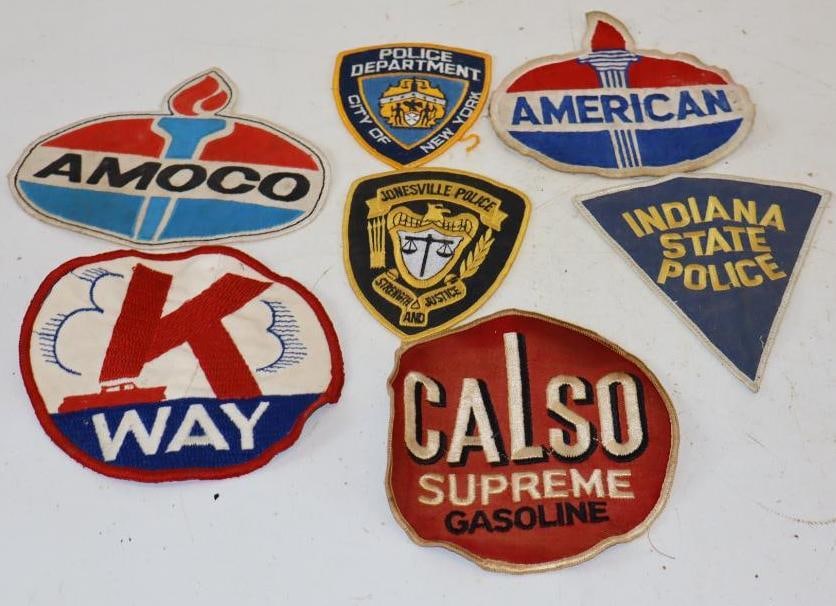 Group of 7 Gas Station & Police Coat Patches: Largest is 7" x 6"