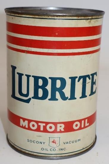 Socony-Vacuum Lubrite Metal One Quart Oil Can: Empty. 4" x 4" x 5.5"