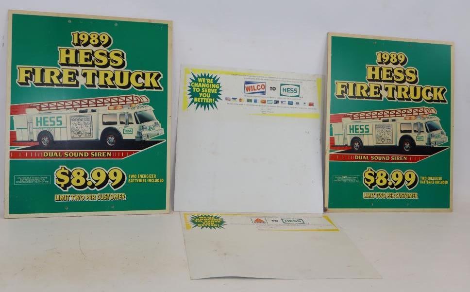 Group of 4 1989 Hess Fire Truck Advertising Plastic Sign and Blank Price Signs: Largest is 19.5" x 24.5"