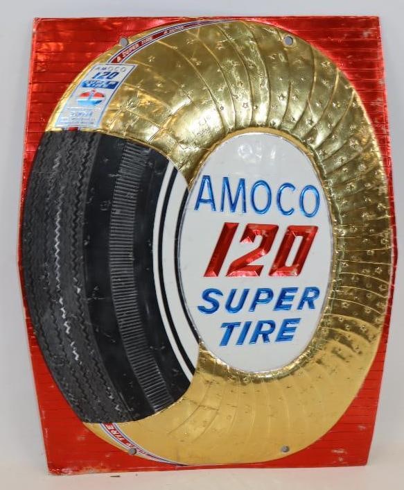 Amoco 120 Super Tire Foil Over Cardboard Embossed Advertising Gas Station Sign: 19" x 24"