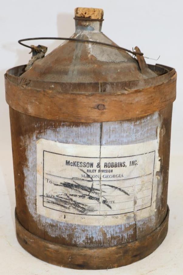 McKesson-Riley Drug Company Benzol Two Gallon Galvanized Can with Wooden Jacket and Railway Warning: 8" x 8" x 12"