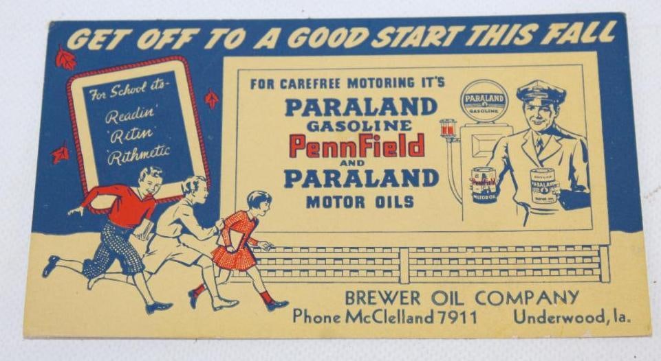 Penn Field & Paraland Gas & Oil Advertising Ink Blotters: 6" x 3.5"