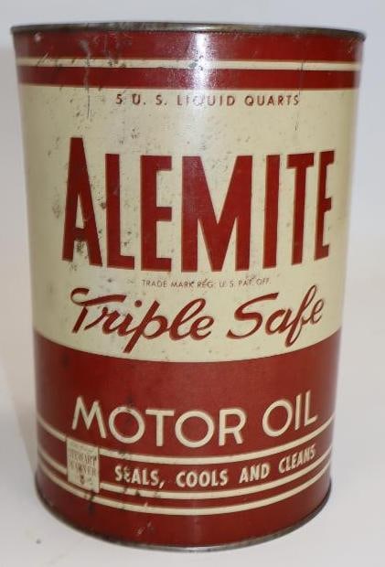 Alemite Triple Safe Metal Five Quart Oil Can: Missing top lid. Empty. 6.5" x 6.5" x 9.5"
