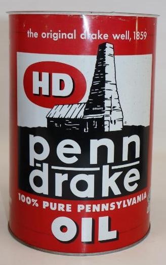 Penn Drake HD Metal Five Quart Oil Can: Missing top lid. Empty. 6.5" x 6.5" x 9.5"