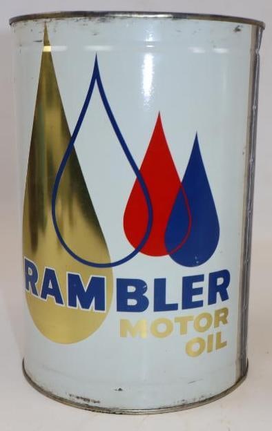 American Motors Rambler Metal Five Quart Oil Can: Empty. 6.5" x 6.5" x 9.5"