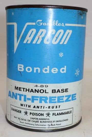 Gambles Varcon Anti-Freeze Metal One Quart Oil Can: Empty. 4" x 4" x 5.5"