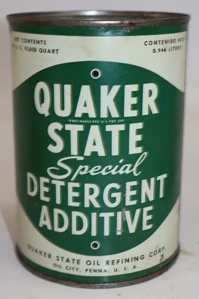Quaker State Special Detergent Additive Metal One Quart Oil Can: Empty. 4" x 4" x 5.5"