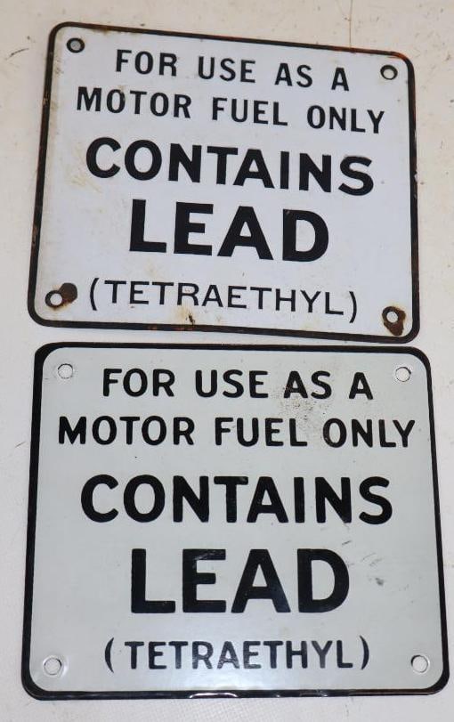 Group of 2 Porcelain Contains Lead Gas Pump Warning Signs: 7" x 6" each