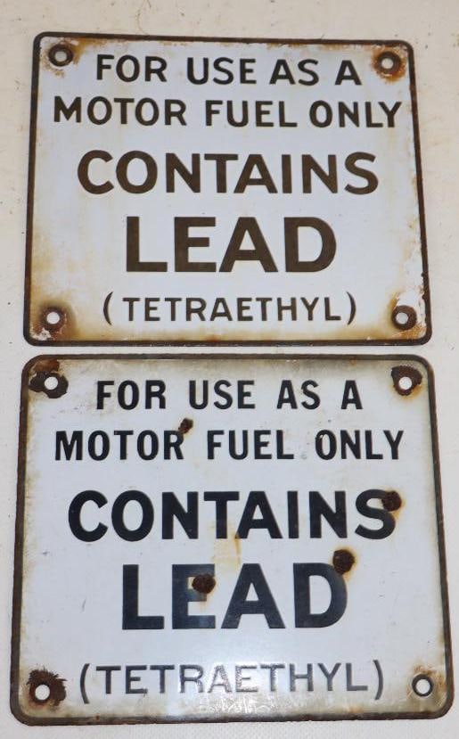 Group of 2 Porcelain Contains Lead Gas Pump Warning Signs: 7" x 6" each