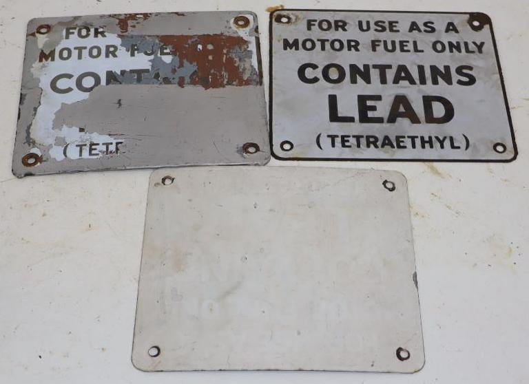Group of 3 Porcelain Contains Lead Gas Pump Warning Signs: 7" x 6" each