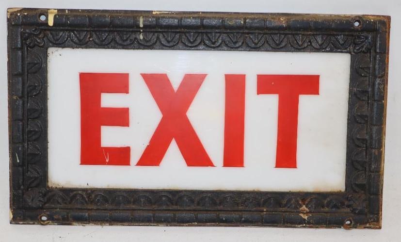 Early Hand Painted Milk Glass Exit Sign with Ornate Metal Frame: 13" x 7.5"