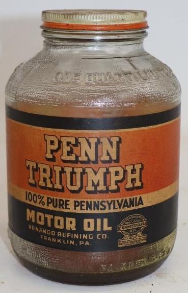 Penn Triumph Glass Wartime Quart Oil Jar with Paper Label (1 of 2)