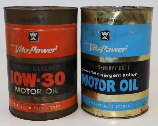 Group of 2 Western Auto Vita-Power Metal Five Quart Oil Can: Empty. 6.5" x 6.5" x 9.5" each