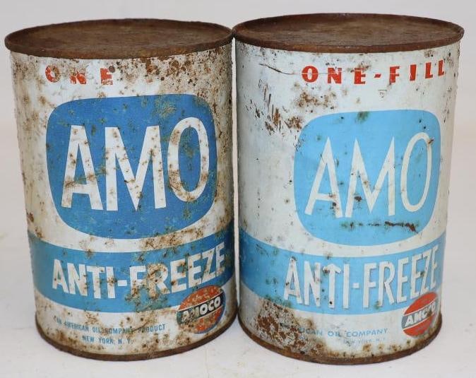 Group of 2 Amoco AMO Anti-Freeze Metal One Quart Oil Cans: Empty. 4" x 4" x 5.5" each