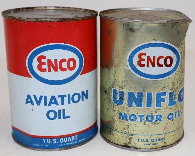 Group of 2 Enco Aviation and Uniflo Metal One Quart Oil Cans: Empty. 4" x 4" x 5.5" each
