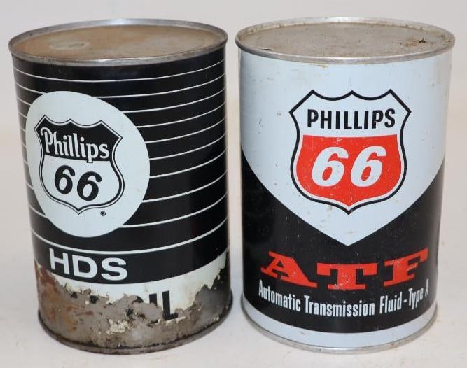 Group of 2 Phillips 66 HDS and ATF Metal One Quart Oil Cans: Empty. 4" x 4" x 5.5" each