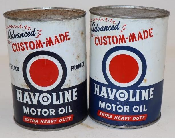 Group of 2 Havoline Custom Made Bullseye Metal One Quart Oil Cans: Empty. 4" x 4" x 5.5" each