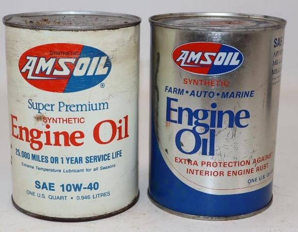 Group of 2 Amsoil Metal One Quart Oil Cans: Empty. 4" x 4" x 5.5" each
