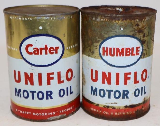 Group of 2 Humble and Carter Metal One Quart Oil Cans: Empty. 4" x 4" x 5.5" each