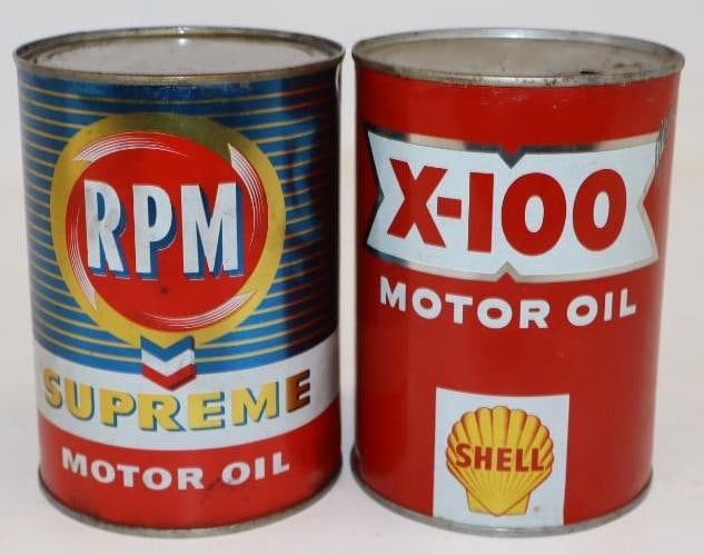 Group of 2 RPM Supreme and Shell X-100 Metal One Quart Oil Cans: Empty. 4" x 4" x 5.5" each