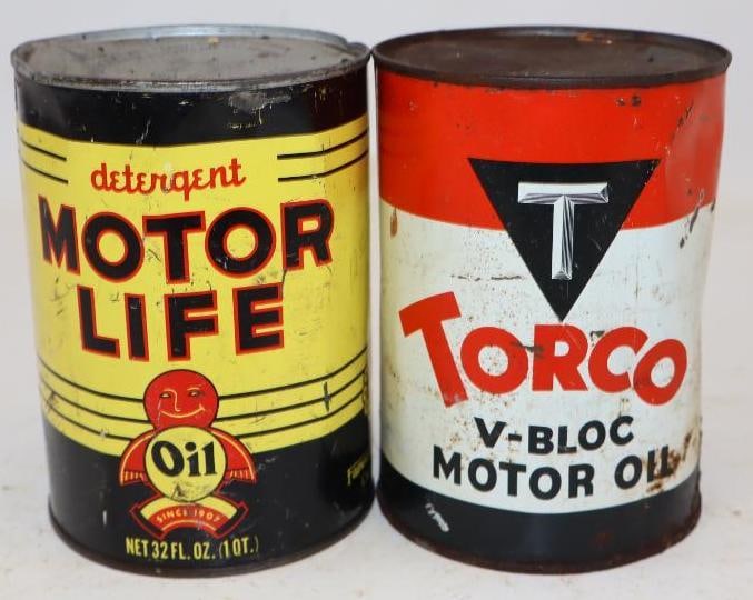 Group of 2 Motorlife and Torco Metal One Quart Oil Cans: Empty. 4" x 4" x 5.5" each